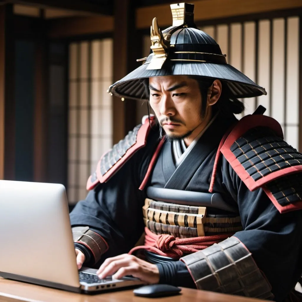 Prompt: A japanese samurai is coding on a computer. The samurai looks like he just came back from a battle.