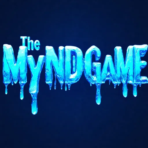 Prompt: Blue ice dripping and freezing from the words The Myndgame, high quality, detailed, surreal, digital art, cool tones, icy illumination 16:9 resolution with a transparent background