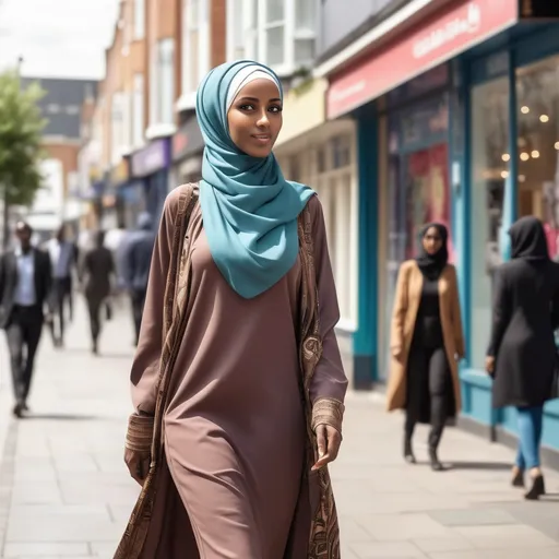 Prompt: Tall With hijab woman walking down the high street, detailed clothing, realistic, natural lighting business women she look like rich from Somalia 