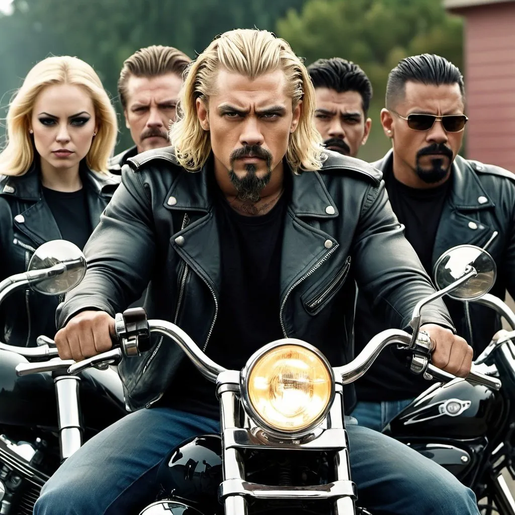 Prompt: Movie film poster for motorcycle gang with intimidating presence. feature the leader with blonde hair to shoulders and goatee. attractive man with strong jaw line. character facing forward on a motorcycle holding handlebars

