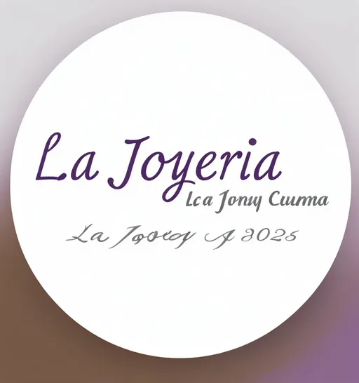 Prompt: This image is a digital graphic logo featuring a white circular background with a blurred gradient of gray and brown in the background, creating a subtle, out-of-focus effect. Centered within the circle is text in two different fonts and colors. The main text, "La Joyeria," is written in a stylish, cursive, purple font, occupying the top half of the circle. Directly below, in a smaller, simpler, black, sans-serif font, are the words "de Aquatinta" and "tapas brasas," separated by a thin space. The cursive "La Joyeria" has a elegant, flowing appearance, while the "de Aquatinta" and "tapas brasas" are more straightforward and modern. The overall design is minimalistic and clean, with a focus on the text. The use of different fonts and colors adds a touch of sophistication and balance to the logo. The circular shape of the background emphasizes the text, making it the focal point of the image. The style is contemporary and professional, suitable for branding a business or restaurant.