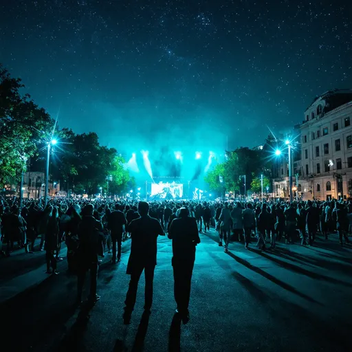 Prompt: From left to right, photorealistic image, outdoor concert with light show transition to park with modern LED street lights transition to city with old and new buildings with lights on, vibrant color tones, blue green and turquiose hues, illuminated lights, high-quality, detailed, lively and dynamic atmosphere, transistioning scenes seamlessly blending, architecture, night sky, energetic mood, high quality