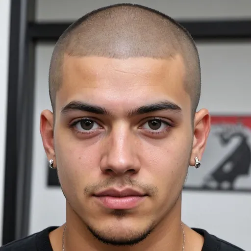 Prompt: homem extremamente branco, 20 anos, traços latinos, olhos apertados, lábios grosso e carnudos, cabelo preto raspado no estilo "buzz cut", rosto com formato mais quadrado, mandibulas marcantes, sem barba, tatuagem no rosto. Usa roupa de motoboy.