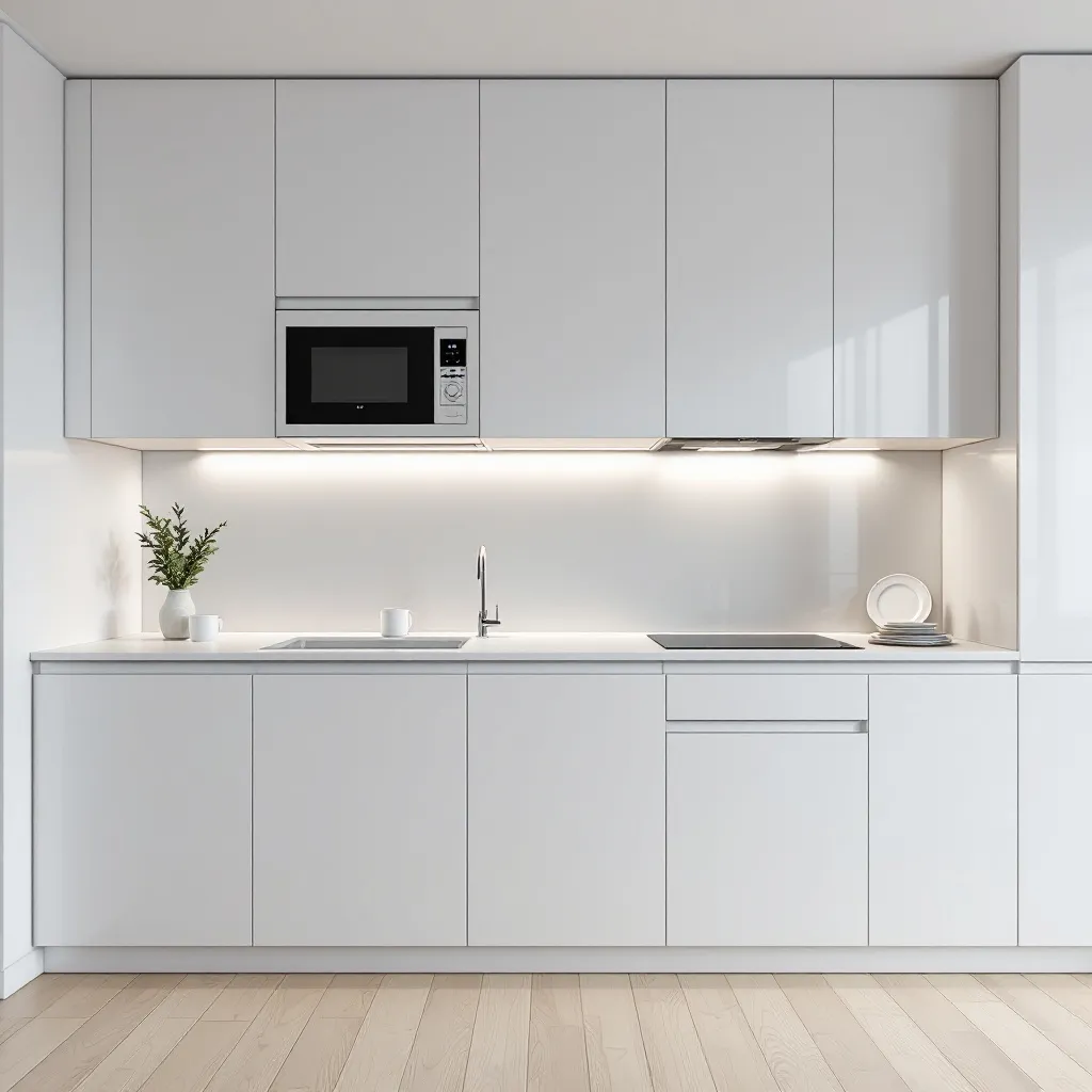 Prompt: A sleek, modern kitchen exudes a sense of minimalism, featuring cabinetry and appliances all in a pristine white finish that enhances the bright, airy atmosphere. The cabinetry extends seamlessly to the ceiling, while a above-counter microwave sits neatly between a clean sink and a smooth countertop that houses an integrated cooktop. Soft under-cabinet lighting casts a gentle glow, highlighting two white mugs and a few plates resting on the open shelf. The light wooden flooring adds warmth to the overall cool palette, creating an inviting and functional space that embodies contemporary design.