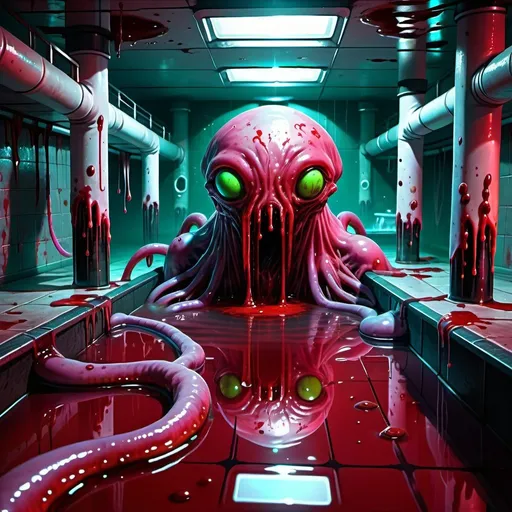 Prompt: Eerie pool of blood red slime in a cyberpunk setting, several pseudopods, cosmic horror, alien horror, highres, ooze, gelatinous, hunger, detailed, horror, slimy texture, female alien