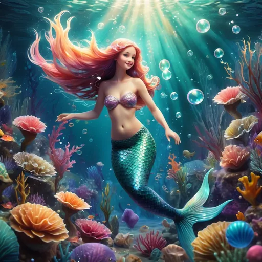 Prompt: (mermaid doing arts and crafts), vibrant underwater scene, magical colors, playful ambiance, intricate craft supplies scattered around, delicate brush strokes, shimmering scales reflecting light, bubbles floating, marine flora in the background, ethereal glow illuminating the mermaid, expressive face filled with joy and creativity, ultra-detailed, whimsical and enchanting atmosphere, HD quality, enchanting art style