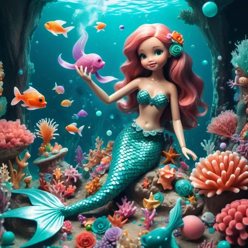 Prompt: (mermaid playing with dolls), whimsical scene, underwater creativity, shimmering scales, playful expression, surrounded by vibrant coral reefs, bubbles rising, colorful dolls, soft teal and aquamarine hues, magical lighting, enchanting atmosphere, high detail, captivating fantasy theme, serene and joyful vibe, ultra-detailed, HD, imaginative world