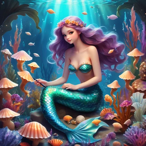 Prompt: (beautiful mermaid), engaging in arts and crafts, vivid vibrant colors, carefully painting, shimmering scales reflecting light, surrounded by seashells and aquatic plants, creative atmosphere, dreamy underwater environment, warm and magical ambiance, (ultra-detailed), ethereal glow illuminating scene, delightful and whimsical mood.