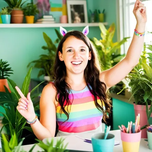 Prompt: Happy unicorn-themed office scene, vibrant rainbow colors, joyful woman dancing among plants, high quality, whimsical style, pastel tones, magical lighting, detailed expression, unicorn theme, rainbow, joyful dancing, vibrant colors, office setting, whimsical, high quality, detailed plants, magical lighting. No unicorn corn on  her head.