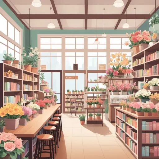 Prompt: Create an illustration: Combine a flower shop with library and cafe inside 