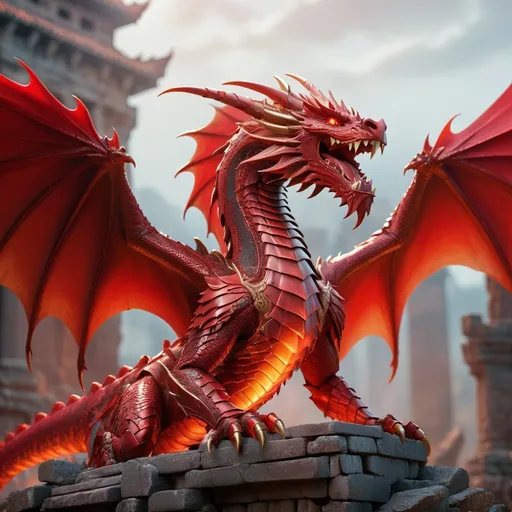 Prompt: (red dragon in armor), (majestic and fierce), intricate scales glimmering, fiery crimson color palette, metal armor shining in sunlight, wings spread wide, thick fog swirling around, ancient ruins in the background, dynamic pose with fierce expression, high-detail, cinematic lighting, ultra-detailed, high quality, enhancing the dragon's powerful presence.