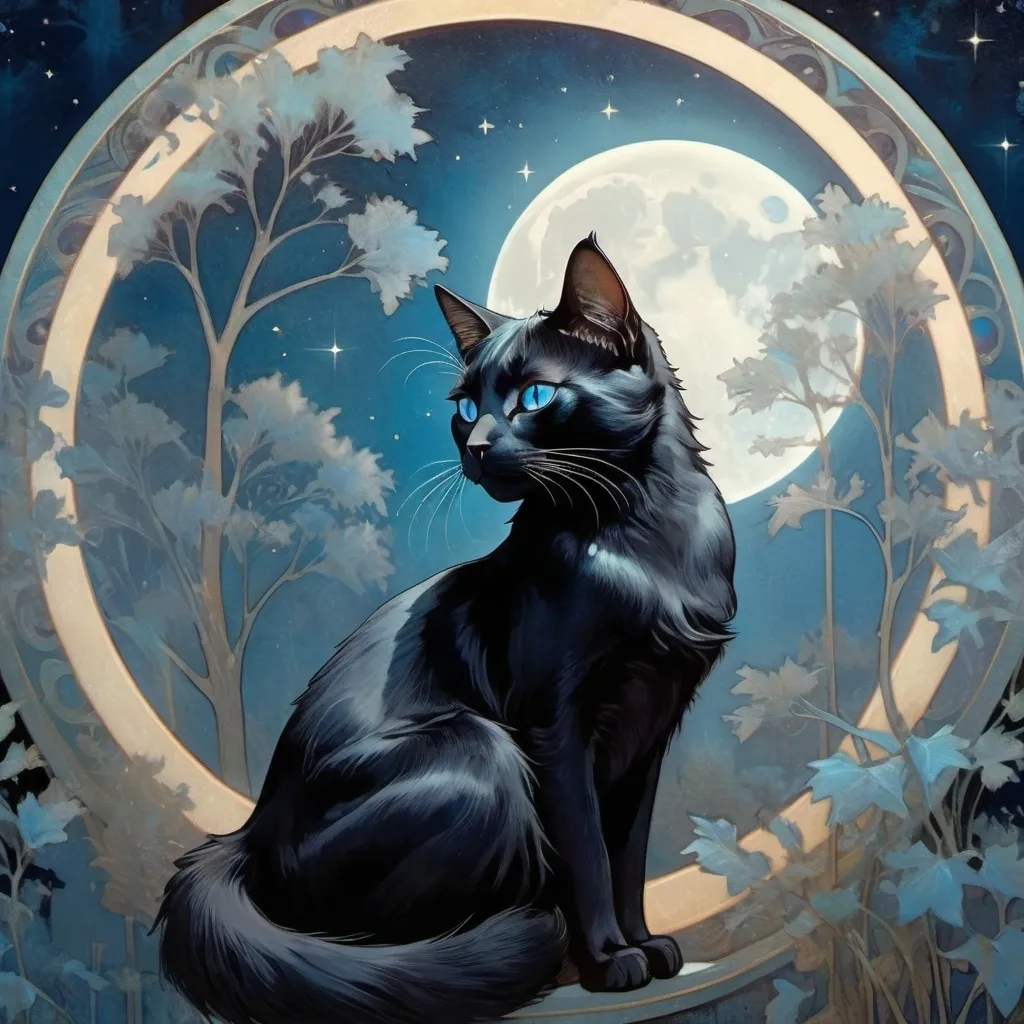 Prompt: (mysterious black cat with striking blue eyes), illuminated by a radiant full moon, (serene night sky), gentle glow casting soft shadows, subtle silvery hues reflecting off fur, enchanting atmosphere, (highly detailed), captivating gaze, (4K), (whimsical feeling), featuring a tranquil backdrop of starry skies and silhouetted trees.