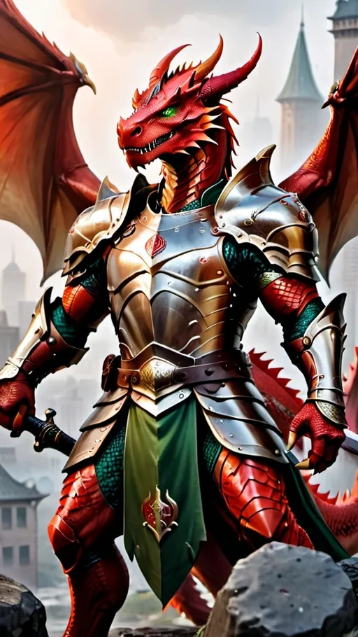 Prompt: a male red dragon with green eyes in armor holding a sword and shield in a foggy area with buildings in the background, Daryush Shokof, sots art, heroic pose, a character portrait