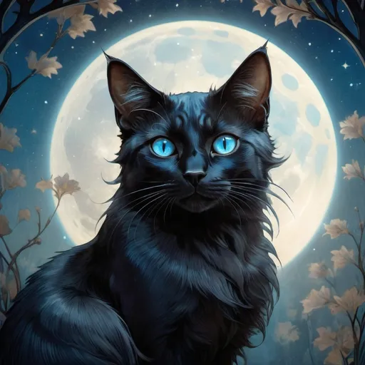 Prompt: (mysterious black cat with striking blue eyes), illuminated by a radiant full moon, (serene night sky), gentle glow casting soft shadows, subtle silvery hues reflecting off fur, enchanting atmosphere, (highly detailed), captivating gaze, (4K), (whimsical feeling), featuring a tranquil backdrop of starry skies and silhouetted trees.