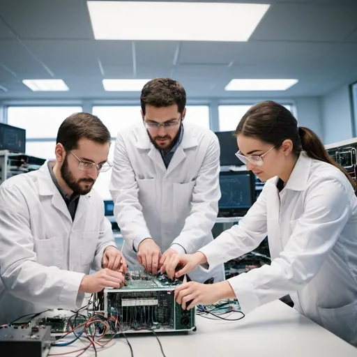 Prompt: Picture of a group of electronic engineers working together in a lab