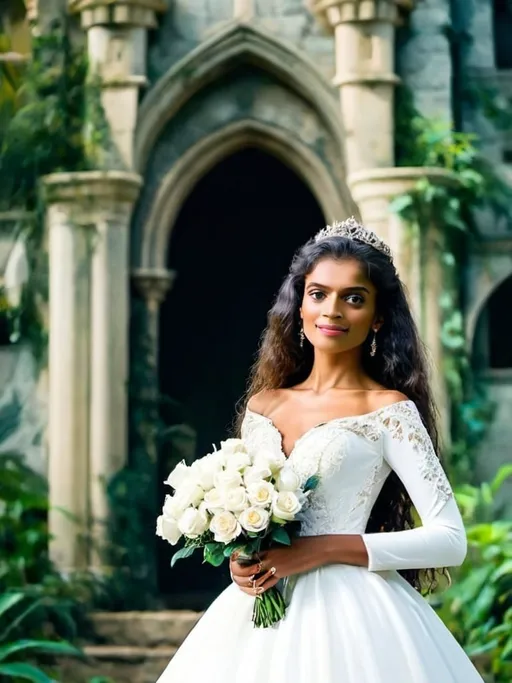 Prompt: a beautiful princess wearing a long white wedding frock with long sleeves with a small bouquet made of small white roses in her hand standing in front of a Disney style castle in the middle of a jungle