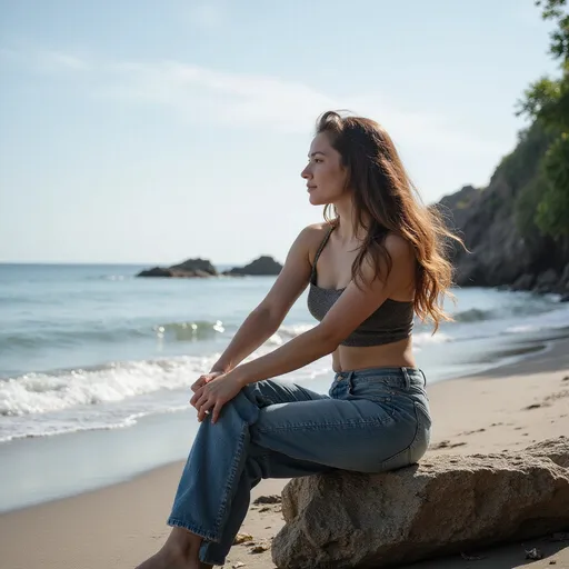 Prompt: woman sitting on stone around the beach