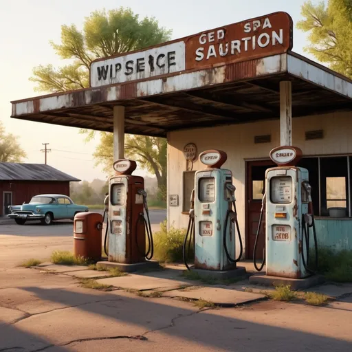 Prompt: (vintage) old service station, (weathered) gas pumps, peeling paint, nostalgic Americana vibe, rusty tools scattered, classic cars parked, retro signage, cozy atmosphere, (sunset glow) casting long shadows, overgrown plants creeping through cracks, (highly detailed) rustic texture, warm tones, inviting decay, (4K) cinematic ambiance.