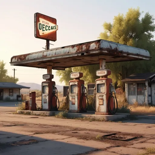 Prompt: (vintage) old service station, (weathered) gas pumps, peeling paint, nostalgic Americana vibe, rusty tools scattered, classic cars parked, retro signage, cozy atmosphere, (sunset glow) casting long shadows, overgrown plants creeping through cracks, (highly detailed) rustic texture, warm tones, inviting decay, (4K) cinematic ambiance.