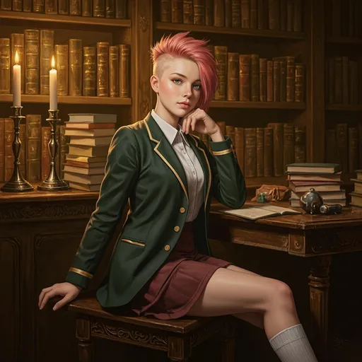 Prompt: This is a highly detailed, digital artwork in a realistic style depicting a young woman seated in a dimly lit library. The subject is a fair-skinned, blue-eyed woman with a striking, modern hairstyle featuring a side-swept, asymmetrical pink mohawk. She has a slender, delicate build and is wearing a green school blazer with gold trim and a white shirt, paired with maroon skirt. She also wears white knee-high socks. Her expression is thoughtful, with her right hand gently touching her cheek.

The background is a warm, golden-brown library filled with tall bookshelves lined with leather-bound books. Two lit candles in ornate holders are positioned on the wooden table behind her, casting a soft, flickering light that highlights the rich textures of the books and the wooden shelves. Several stacks of books are placed on the table and on the floor to her left and right, adding to the scholarly atmosphere. The overall mood of the image is one of introspection and academic focus, enhanced by the warm, ambient lighting and the detailed, realistic rendering of the subject and her surroundings.
