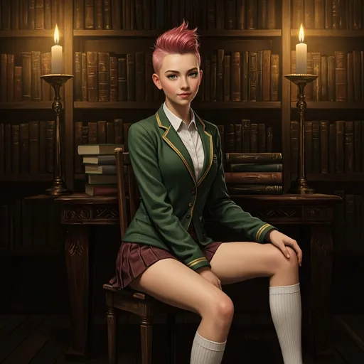 Prompt: This is a highly detailed, digital artwork in a realistic style depicting a young age18 teen seated in a dimly lit library. The girl is fair-skinned, blue-eyed with a striking, modern hairstyle featuring a side-swept, asymmetrical pink mohawk. She has a slender, delicate build and is wearing a green school blazer with gold trim and a white shirt, paired with maroon skirt. She also wears white knee-high socks. Her expression is curious and playful as she contemplates the viewer.

The background is a warm, golden-brown library filled with tall bookshelves lined with leather-bound books. Two lit candles in ornate holders are positioned on the wooden table behind her, casting a soft, flickering light that highlights the rich textures of the books and the wooden shelves. Several stacks of books are placed on the table and on the floor to her left and right, adding to the scholarly atmosphere. The overall mood of the image is one of introspection and academic focus, enhanced by the warm, ambient lighting and the detailed, realistic rendering of the subject and her surroundings.