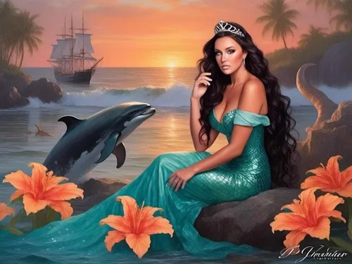 Prompt: <mymodel>(magnificent mermaid), a beautiful woman with long, (black, curly hair), sitting gracefully on a rock, she has a full fish tail for her legs, she is gazing at the sunset, lively dolphins dancing in the background, a pirate ship, (crystal blueish-aqua water), a gorgeous tortoise swimming nearby, stunning Floridian backdrop, (nautical details, bright, red hibiscus), a treasure chest filled with sparkling jewels and iridescent pearls is resting on the beach nearby, vibrant sunset hues reflecting on the water, glittering bubbles, palm trees, a colorful parrot, serene and enchanting atmosphere, (ultra-detailed), (high quality).