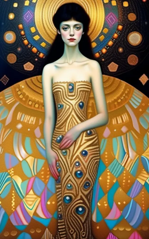 Prompt: HD Dreamy Gustavo Klimt pastel patterns, (girl artist dressed in a Gustavo Klimt Woman in gold sparkling glowing soft champagne colored full ball gown, she has extra long very dark full flHD Dreamy Gustavo Klimt pastel patterns, (girl artist dressed in a Gustavo Klimt Woman in gold sparkling glowing soft champagne colored full ball gown, she has extra long very dark full fl<mymodel>owing pitch black wavy hair, sparkling light gray-green eyes, smiling, heavy black eyeliner, long eyelashes, porcelain skin, rosie cheeks, bright pink lips, big crown on her head made of sparkling diamonds and pink cabbage roses, wearing the Woman In Gold choker necklace, she is standing up full body, she is painting an easel), (ethereal atmosphere, soft focus, Gustav Klimt patterns throughout the background, glowing sparkles, soft colorful pastel peony, various pastel flowers and sparkling butterflies in background)