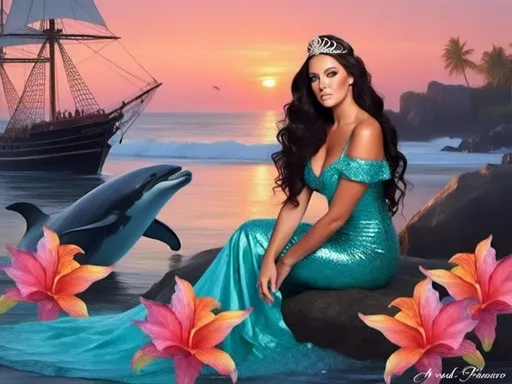 Prompt: <mymodel>(magnificent mermaid), a beautiful woman with long, (black, curly hair), sitting gracefully on a rock, she has a full fish tail for her legs, she is gazing at the sunset, lively dolphins dancing in the background, a pirate ship, (crystal blueish-aqua water), a gorgeous tortoise swimming nearby, stunning Floridian backdrop, (nautical details, bright, red hibiscus), a treasure chest filled with sparkling jewels and iridescent pearls is resting on the beach nearby, vibrant sunset hues reflecting on the water, glittering bubbles, palm trees, a colorful parrot, serene and enchanting atmosphere, (ultra-detailed), (high quality).