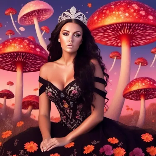 Prompt: <mymodel>a woman (with very long, very black, curly hair blowing in the breeze), (she is sitting under a big, glittery, glowing mushroom and her dress is black and ethereal), (she is wearing sparkling diamonds and flowers in her hair), atmosphere (soft pastel warm glowing sunset, colorful, swirling mushrooms, lots of colorful details, butterflies, glowing dragon flies, rainbow in distance, poppies, sunflowers, pansies), (3D) (High definition)