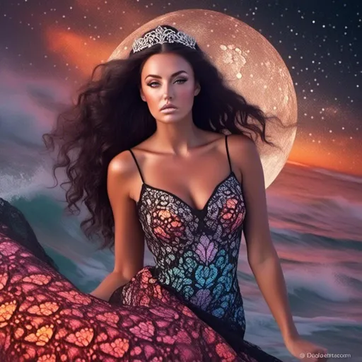 Prompt: <mymodel>, a woman (who has very long, dark, black, curly hair who is under a crescent moon that has a mandala painted on it), (she is wearing a beautiful, black lace, flowing gown that is ethereal and floating on water that glitters under the glowing moon), digital artwork, vibrant colors, highly stylized, captivating, dynamic pose, expressive features, enchanting atmosphere, intricate details, rich textures, mesmerizing lights, background blending into warm radiance, (highly detailed), (4K), enchanting essence, modern fantasy theme, visually striking contrast, appealing composition, creative and imaginative representation.