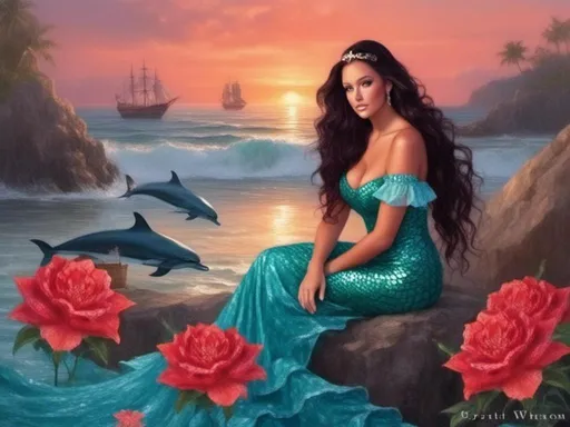 Prompt: <mymodel>(magnificent mermaid), a beautiful woman with long, (black, curly hair), sitting gracefully on a rock, she has fish tail for legs, she is gazing at the sunset, lively dolphins dancing in the background, a pirate ship, (crystal blueish-aqua water), a gorgeous tortoise swimming nearby, stunning Floridian backdrop, (nautical details, bright, red hibiscus), a treasure chest filled with sparkling jewels and iridescent pearls,  vibrant sunset hues reflecting on the water, serene and enchanting atmosphere, (ultra-detailed), (high quality).