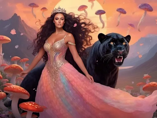 Prompt: <mymodel>a woman (with very long, very black, curly hair blowing in the breeze), (she is riding on the back of a black panther under big, glittery, glowing mushrooms and her dress is ethereal and flowing), (she is wearing sparkling diamonds and flowers in her hair), atmosphere (soft pastel warm glowing sunset, colorful, swirling mushrooms, lots of colorful details, butterflies, glowing dragon flies, rainbow in distance, poppies, sunflowers, pansies, white tigers with blue eyes), (3D) (High definition)