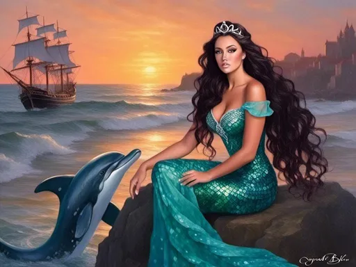 Prompt: <mymodel> (magnificent mermaid), a beautiful woman with long, (black, curly hair), sitting gracefully on a rock, she has a full, long, fish tail instead of legs, she is gazing at the sunset, lively dolphins are dancing in the background, a big pirate ship with many sails is in the distance, (crystal blueish-aqua water), a gorgeous dolphin is swimming nearby, stunning Floridian backdrop, (nautical details, bright, peach and violet hibiscus), a treasure chest filled with sparkling jewels and iridescent pearls is resting on the beach nearby, vibrant sunset hues reflecting on the water, glittering bubbles, palm trees, a colorful parrot, serene and enchanting atmosphere, (ultra-detailed), (high quality).  