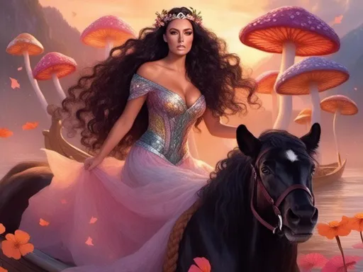 Prompt: <mymodel>a woman (with very long, very black, curly hair blowing in the breeze), (she is riding in a Viking canoe under big, glittery, glowing mushrooms and her dress is ethereal and flowing), (she is wearing sparkling diamonds and flowers in her hair), atmosphere (soft pastel warm glowing sunset, large, colorful, swirling mushrooms, lots of colorful details, butterflies, glowing dragon flies, rainbow in distance, poppies, sunflowers, pansies), (3D) (High definition)