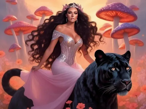 Prompt: <mymodel>a woman (with very long, very black, curly hair blowing in the breeze), (she is riding on the back of a sleek black panther under big, glittery, glowing mushrooms and her dress is ethereal and flowing), (she is wearing sparkling diamonds and flowers in her hair), atmosphere (soft pastel warm glowing sunset, large, colorful, swirling mushrooms, lots of colorful details, butterflies, glowing dragon flies, rainbow in distance, poppies, sunflowers, pansies, white tigers with blue eyes), (3D) (High definition)