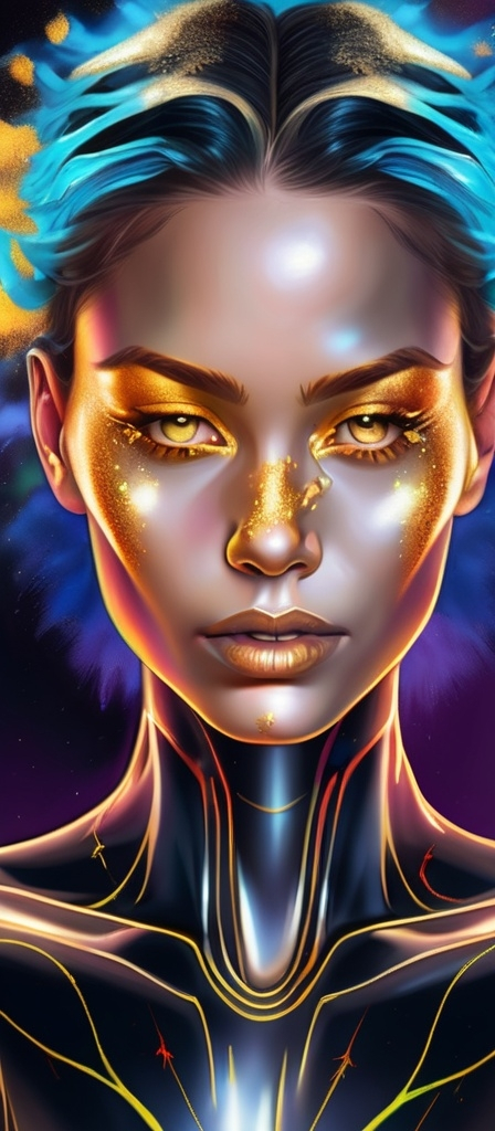 Prompt: Full paint face body portrait of a woman with silver and gold skin on the face and body, blowing extraordinary hair, exploding colorful head, open gray eyes, the woman, dust, airbrush painting, high resolution, detailed, neon colors, abstract, professional, thunderbolt glowing