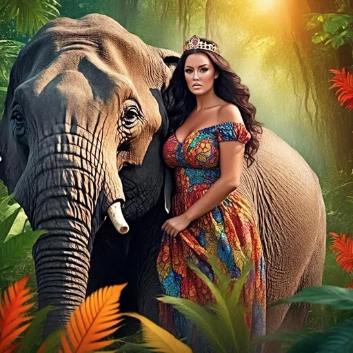 Prompt: <mymodel>(a woman Jeannie 2 riding an african elephant), (whimsical and fantastical), vivid colors, dynamic pose, detailed textures on skin, expressive eyes reflecting curiosity, lush, vibrant jungle background, dappled sunlight filtering through the trees, enchanting atmosphere, high resolution, ultra-detailed, (magical realism) --ar 16:9 --v 5.2