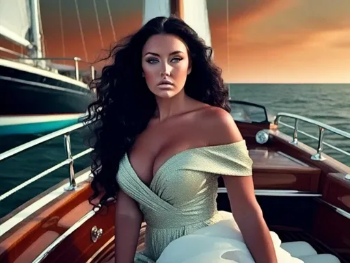 Prompt: <mymodel>, a woman with long, black, curly hair, laying on an extravagant yacht, vibrant and dynamic composition, (highly detailed)