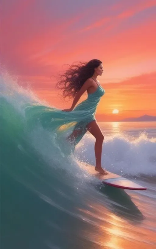 Prompt: <mymodel>a woman (with long, black, curly hair blowing in the wind), (she is surfing a glass wave that is spraying everywhere), aqua-blue, clear water, soft moon in the sky reflecting on the water, sunset colors, vibrant, liquid elements