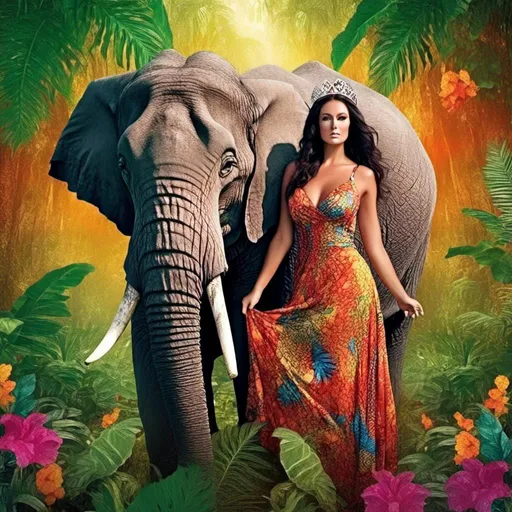 Prompt: <mymodel>(a woman Jeannie 2 riding an african elephant), (whimsical and fantastical), vivid colors, dynamic pose, detailed textures on skin, expressive eyes reflecting curiosity, lush, vibrant jungle background, dappled sunlight filtering through the trees, enchanting atmosphere, high resolution, ultra-detailed, (magical realism) --ar 16:9 --v 5.2