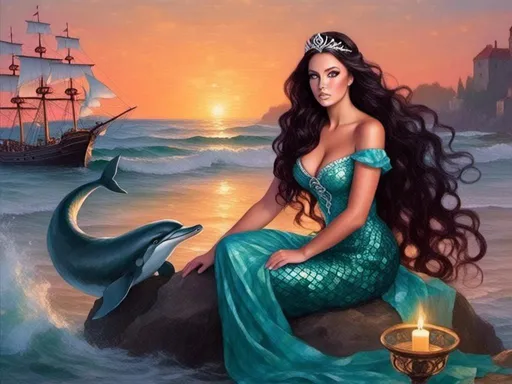 Prompt: <mymodel> (magnificent mermaid), a beautiful woman with long, (black, curly hair), sitting gracefully on a rock, she has a full, long, fish tail instead of legs, she is gazing at the sunset, lively dolphins are dancing in the background, a big pirate ship with many sails is in the distance, (crystal blueish-aqua water), a gorgeous dolphin is swimming nearby, stunning Floridian backdrop, (nautical details, bright, peach and violet hibiscus), a treasure chest filled with sparkling jewels and iridescent pearls is resting on the beach nearby, vibrant sunset hues reflecting on the water, glittering bubbles, palm trees, a colorful parrot, serene and enchanting atmosphere, (ultra-detailed), (high quality). 