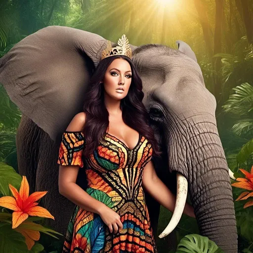 Prompt: <mymodel>(a woman Jeannie 2 riding an african elephant), (whimsical and fantastical), vivid colors, dynamic pose, detailed textures on skin, expressive eyes reflecting curiosity, lush, vibrant jungle background, dappled sunlight filtering through the trees, enchanting atmosphere, high resolution, ultra-detailed, (magical realism) --ar 16:9 --v 5.2