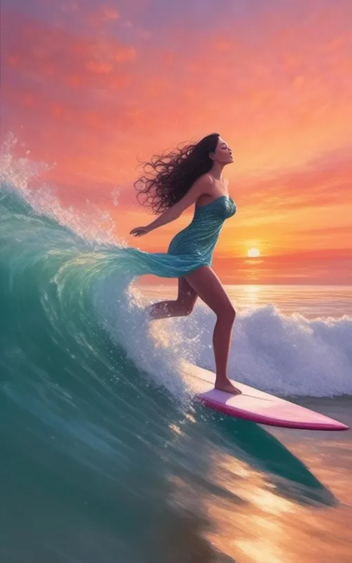 Prompt: <mymodel>a woman (with long, black, curly hair blowing in the wind), (she is surfing a glass wave that is spraying everywhere), aqua-blue, clear water, soft moon in the sky reflecting on the water, sunset colors, vibrant, liquid elements