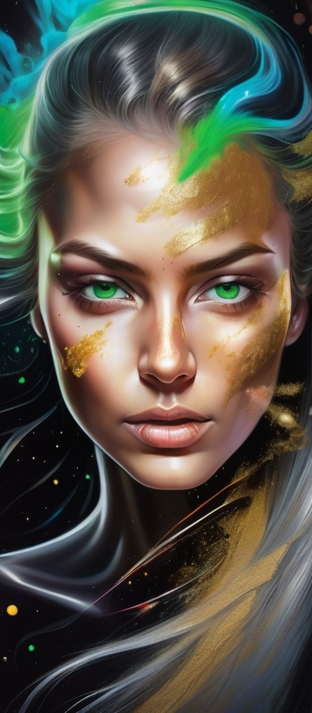 Prompt: Full paint face body portrait of a woman with silver and gold skin on the face and body, blowing extraordinary hair, exploding colorful head, open green eyes, the woman, dust, airbrush painting, high resolution, detailed, neon colors, abstract, professional, thunderbolt glowing