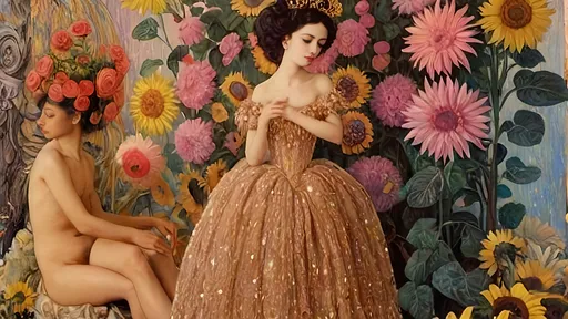 Prompt: An art studio highly detailed, HD Dreamy Gustavo Klimt pastel patterns, (girl artist dressed in a Gustavo Klimt Woman in gold sparkling glowing soft champagne colored ball gown, she has extra long dark full flowing black wavy hair, sparkling gray eyes, heavy black eyeliner, long eyelashes, and bright pink lips, crown on head made of sparkling diamonds, sunflowers and pink cabbage roses, wearing the Woman In Gold choker necklace, exact face reference match), (ethereal atmosphere, soft focus, art studio background, bookcases in background, easel, Gustav Klimt patterns throughout the background, glowing sparkles, soft colorful bright butterflies in background, sparkling)