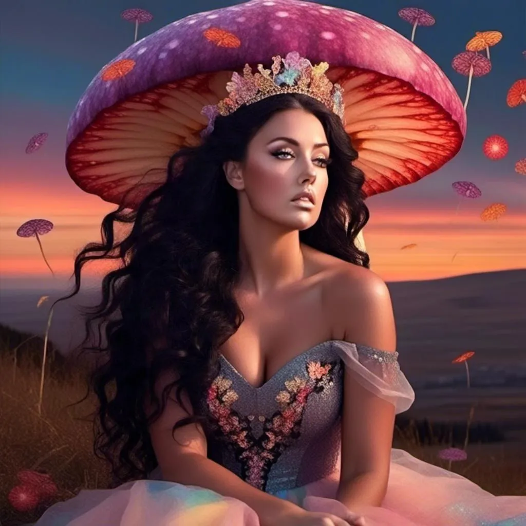 Prompt: <mymodel>a woman (with very long, very black, curly hair blowing in the breeze), (she is sitting under a big, glittery mushroom and her dress is black and ethereal), (she is wearing sparkling diamonds and flowers in her hair), atmosphere (soft pastel warm glowing sunset, colorful, swirling mushrooms, lots of colorful details), (3D) (High definition)