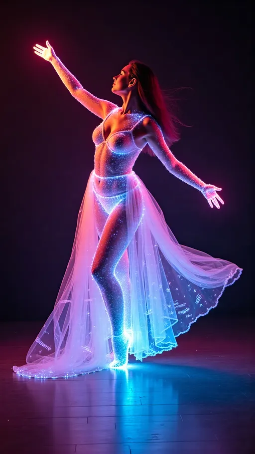 Prompt: An illuminated glass dancer glowing from within, glowing streaks of rainbow colorful lasers spiraling around her