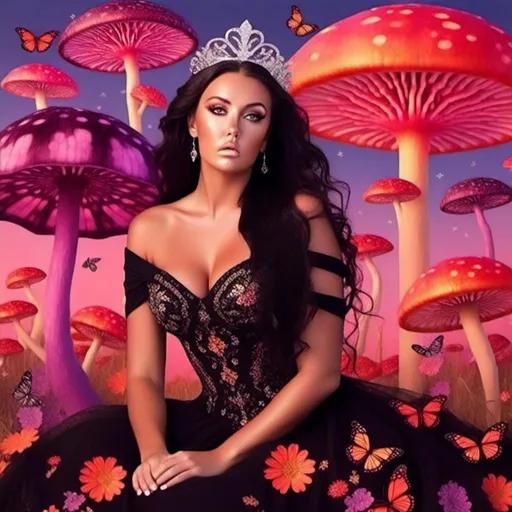 Prompt: <mymodel>a woman (with very long, very black, curly hair blowing in the breeze), (she is sitting under a big, glittery mushroom and her dress is black and ethereal), (she is wearing sparkling diamonds and flowers in her hair), atmosphere (soft pastel warm glowing sunset, colorful, swirling mushrooms, lots of colorful details, butterflies, dragon flies), (3D) (High definition)