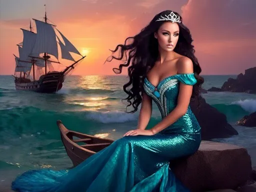 Prompt: <mymodel>(magnificent mermaid with long, black, curly hair, sitting gracefully on a rock, she has a full, long, fish tail instead of legs, she is gazing at the sunset), (lively dolphins are dancing in the background), (a big pirate ship with many sails is in the distance), (crystal blueish-aqua water), (a gorgeous dolphin is swimming nearby), (stunning Floridian backdrop), (nautical details), (bright, peach and violet hibiscus), (a treasure chest filled with sparkling jewels and iridescent pearls is resting on the beach nearby), (vibrant sunset hues reflecting on the water), (glittering bubbles), (beautiful palm trees in the distance), (a colorful parrot on shoulder), (serene and enchanting atmosphere), (ultra-detailed), (high quality).