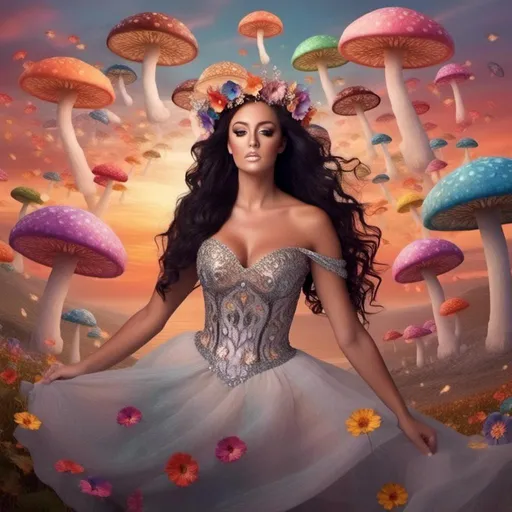 Prompt: <mymodel>a woman Angel (with very long, very black, curly hair blowing in the breeze), (she is floating under a big mushroom and her dress is ethereal), (she is wearing sparkling diamonds and flowers in her hair), atmosphere (soft pastel warm glowing sunset, colorful, swirling mushrooms, lots of colorful details), (3D) (High definition)